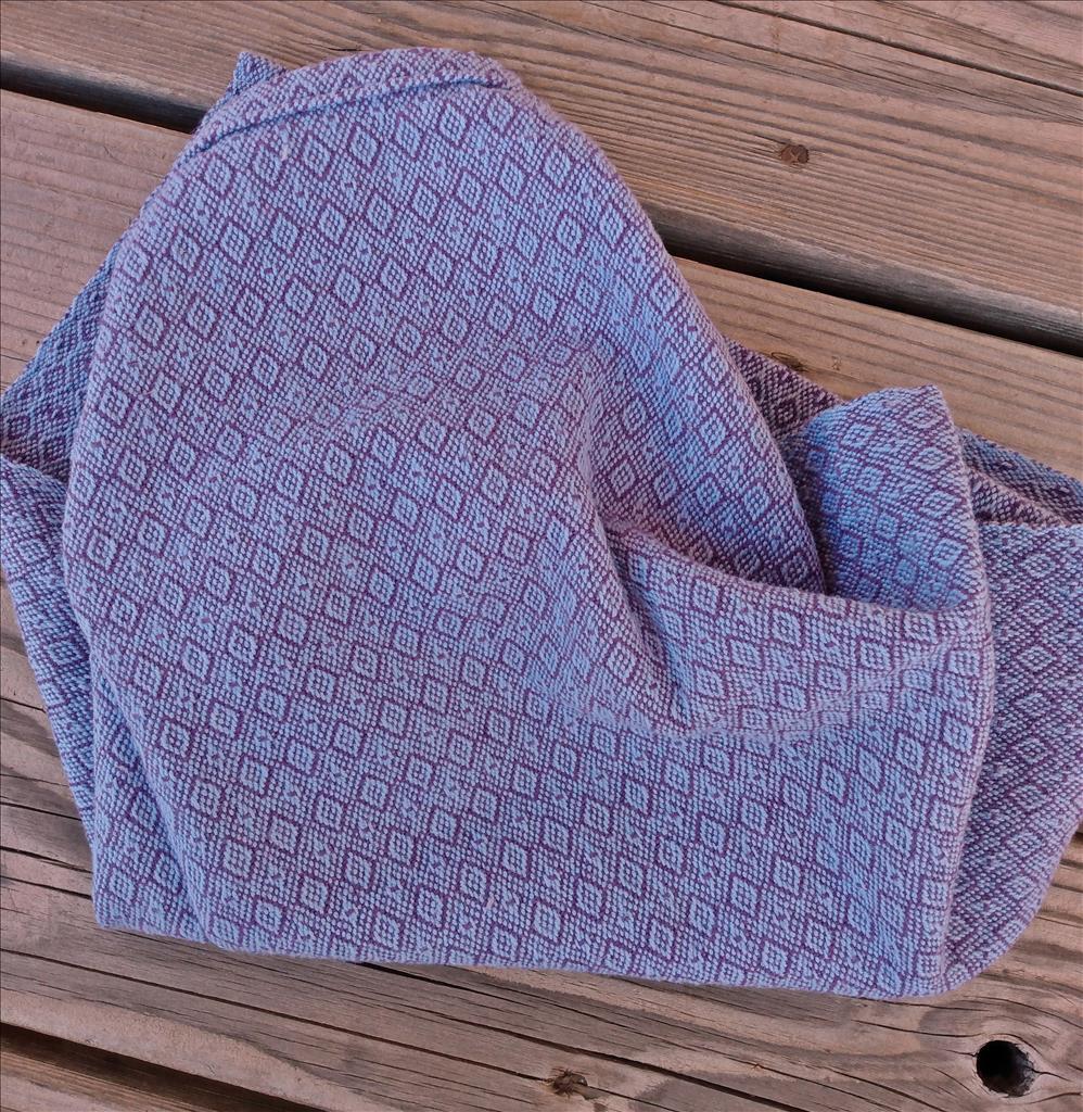 Handwoven cotton hand towel in amethyst and heather blue.